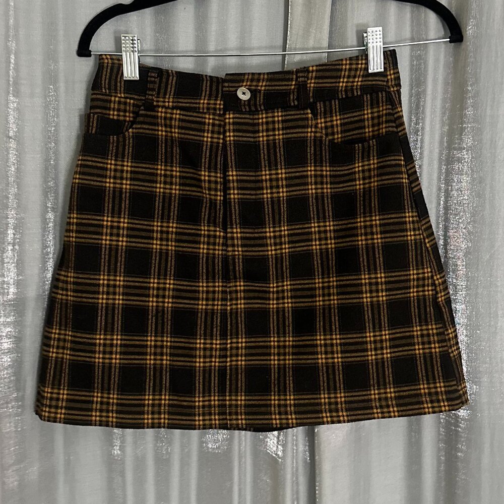 high waisted A-line brown and black tartan mini skirt - Picture 2 of 7